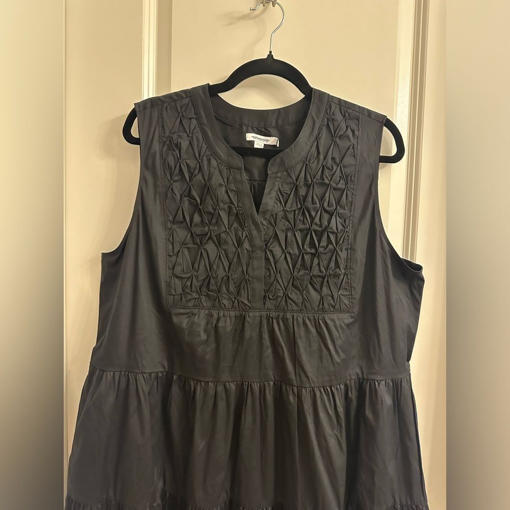 Chico’s Poplin Smocked Midi Dress SZ 3 US 16 Sleeveless Split Neck Pocket Black - Picture 4 of 10